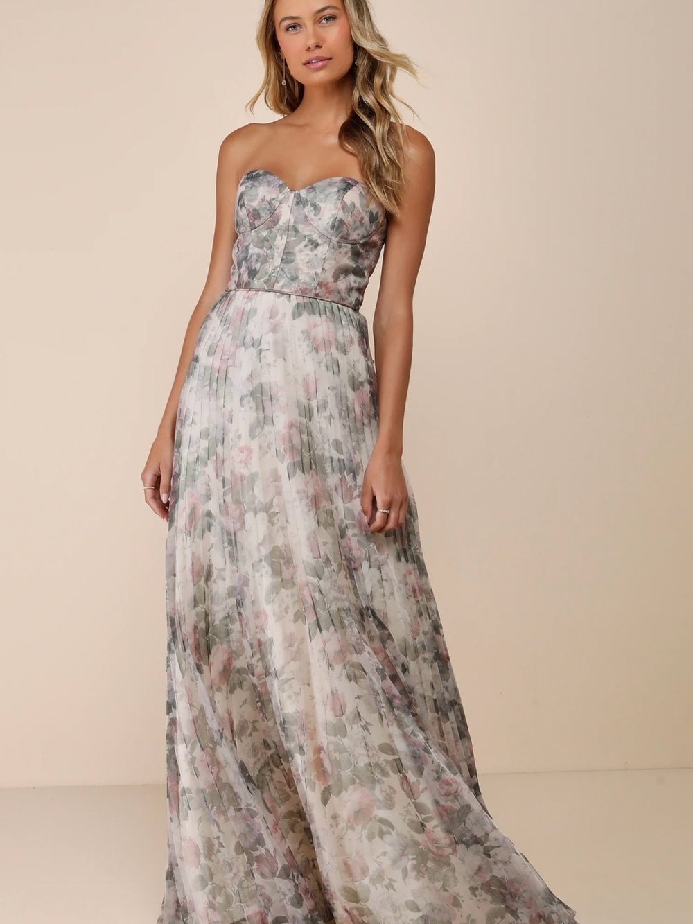 Strapless Floral Pleated Maxi Dress - Blush Green